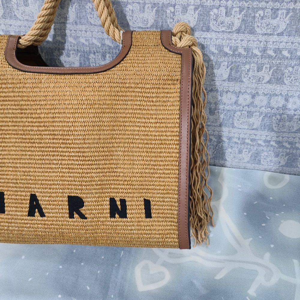 Marni Tan Straw Tote with Brown Trim and Rope Handles - Picture 2 of 6